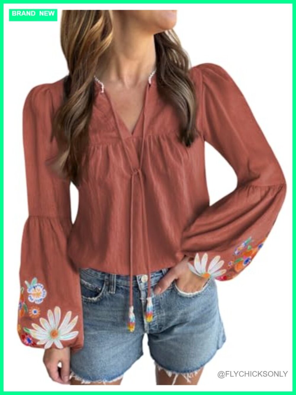 Boho Embroidered Tunic Top V Neck Floral Puff Sleeve Loose Blouse